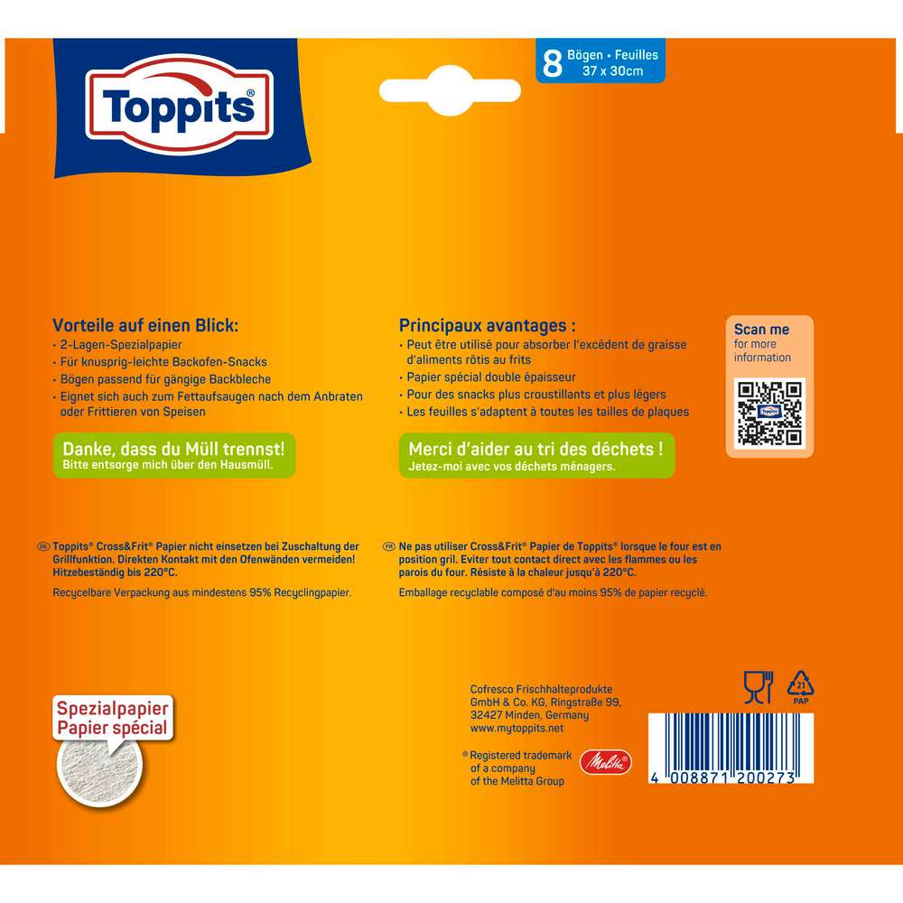 Produktabbildung Toppits Back-und Spezial-Papier Cross & Frit, 8 Stück