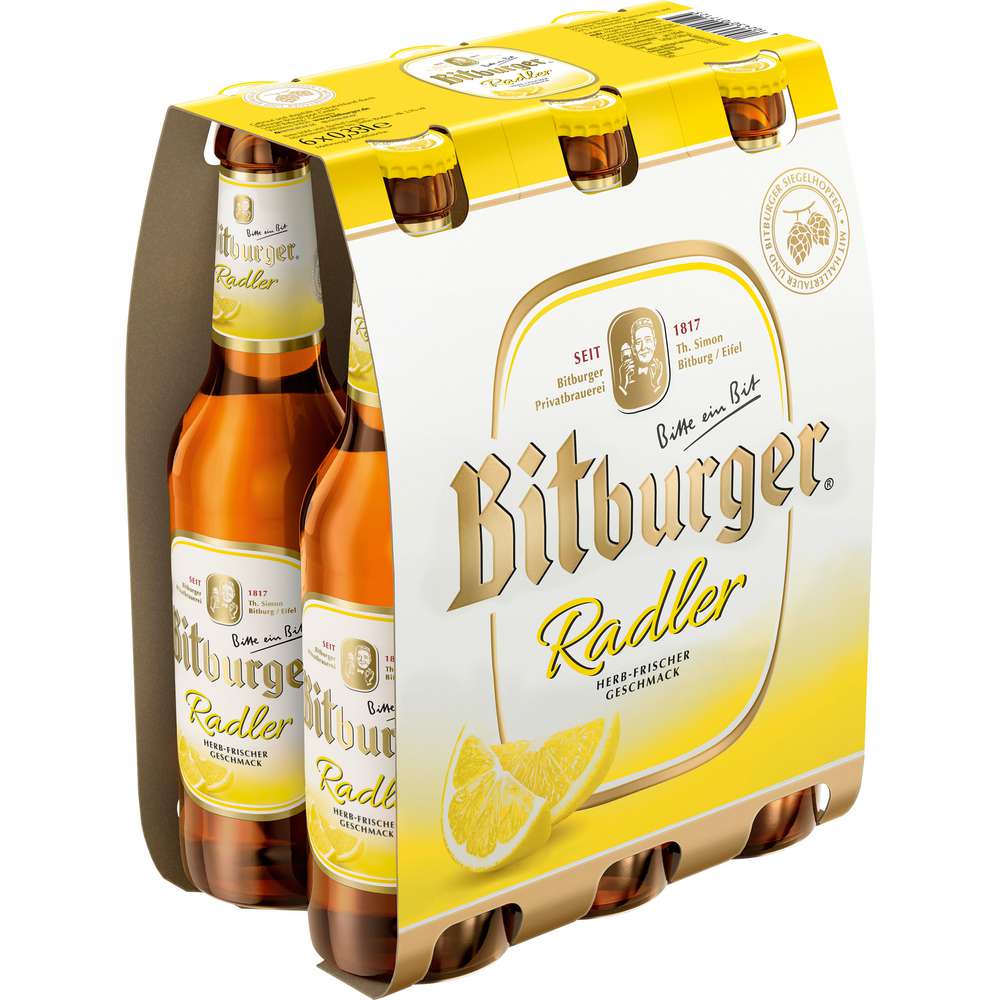 Produktabbildung Bitburger Biermischgetränk, Radler, Zitrone, 2,5 %, 6 x 0,33l (6x 0,330 Liter)