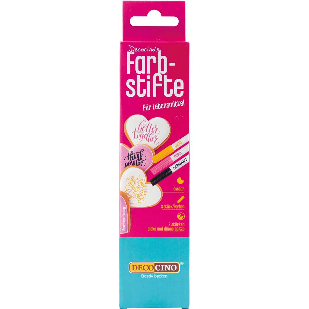 Produktabbildung Decocino Farbstifte für Lebensmittel, gelb + rosa + schwarz
