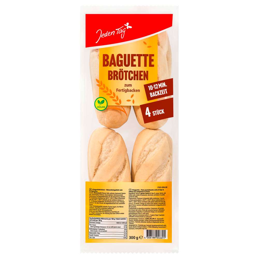 Produktabbildung Jeden Tag Baguette Brötchen, 4 Stück, zum Fertigbacken
