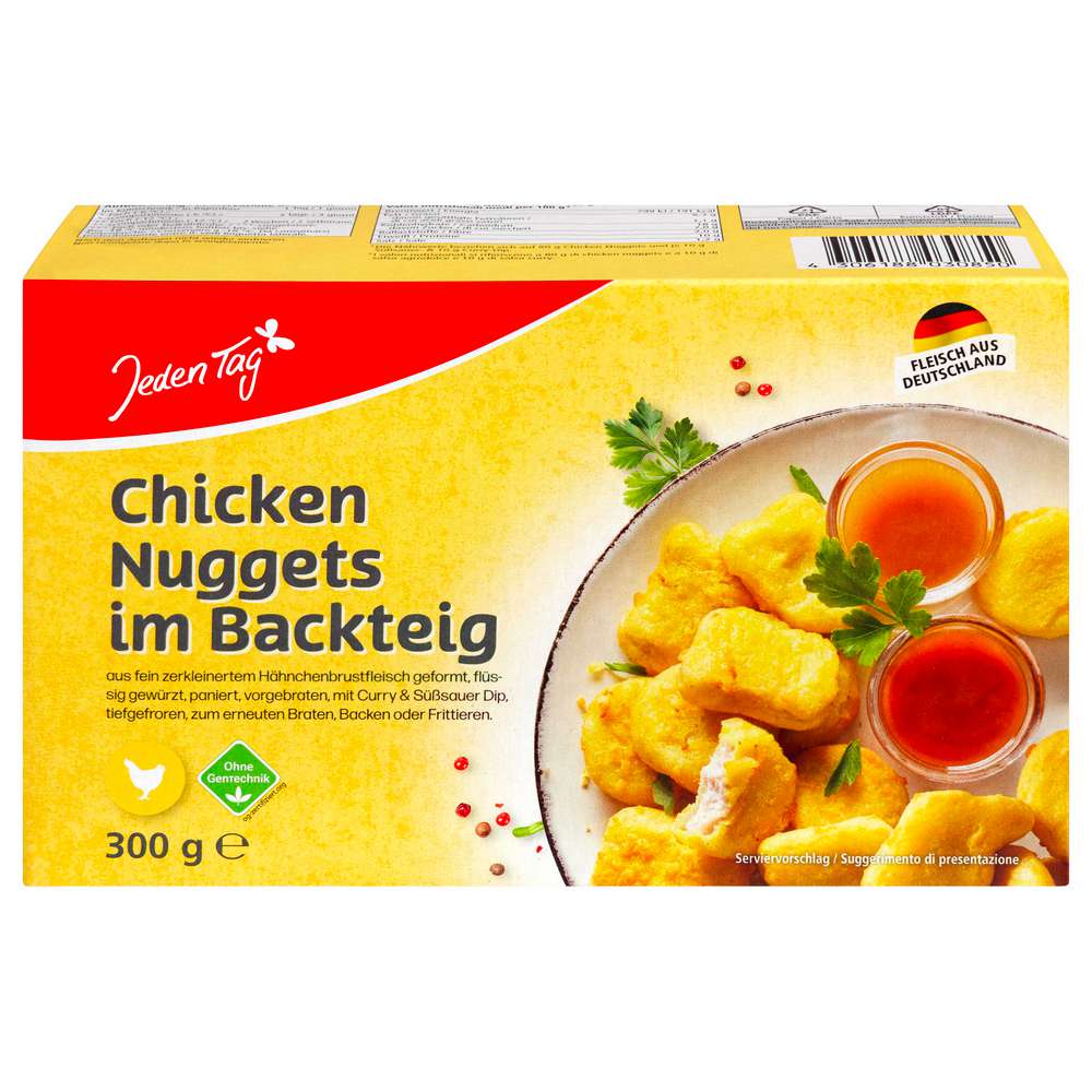 Produktabbildung Jeden Tag Chicken Nuggets im Backteig mit 2 Dips, tiefgekühlt