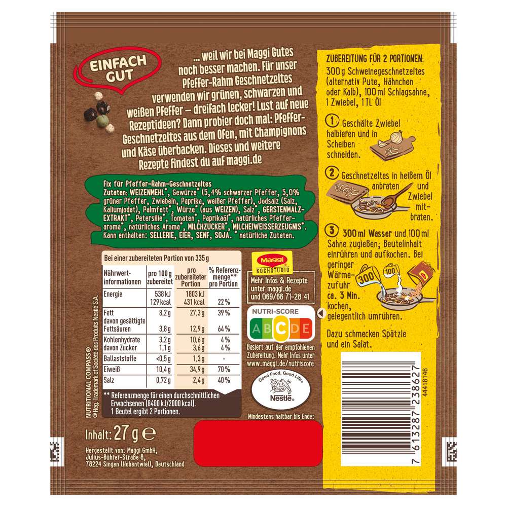 Produktabbildung Maggi Gewürzmischung Fix, Pfeffer-Rahm-Geschnetzeltes 100% natürliche Zutaten