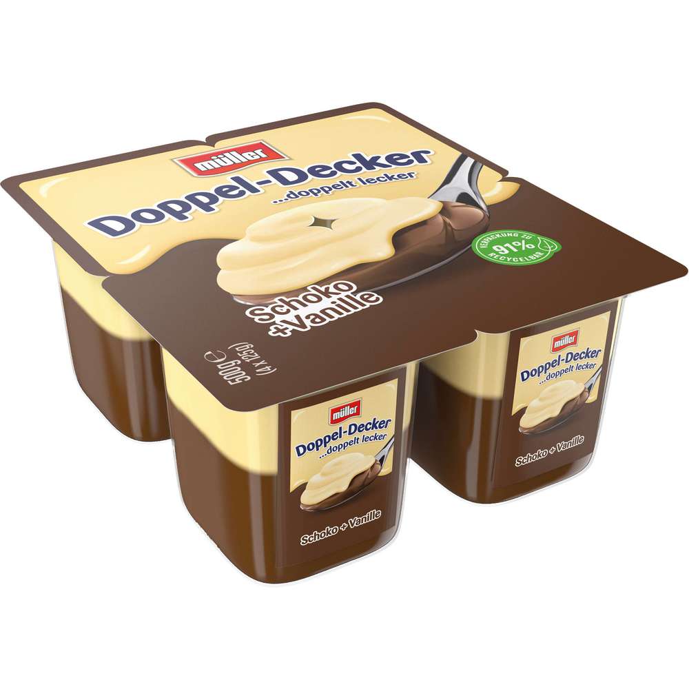 Produktabbildung Müller Pudding Doppeldecker, Schoko-Vanille 4 x 125g