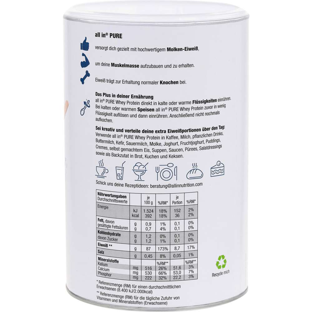 Produktabbildung allin Whey Protein Pulver, geschmacksneutral