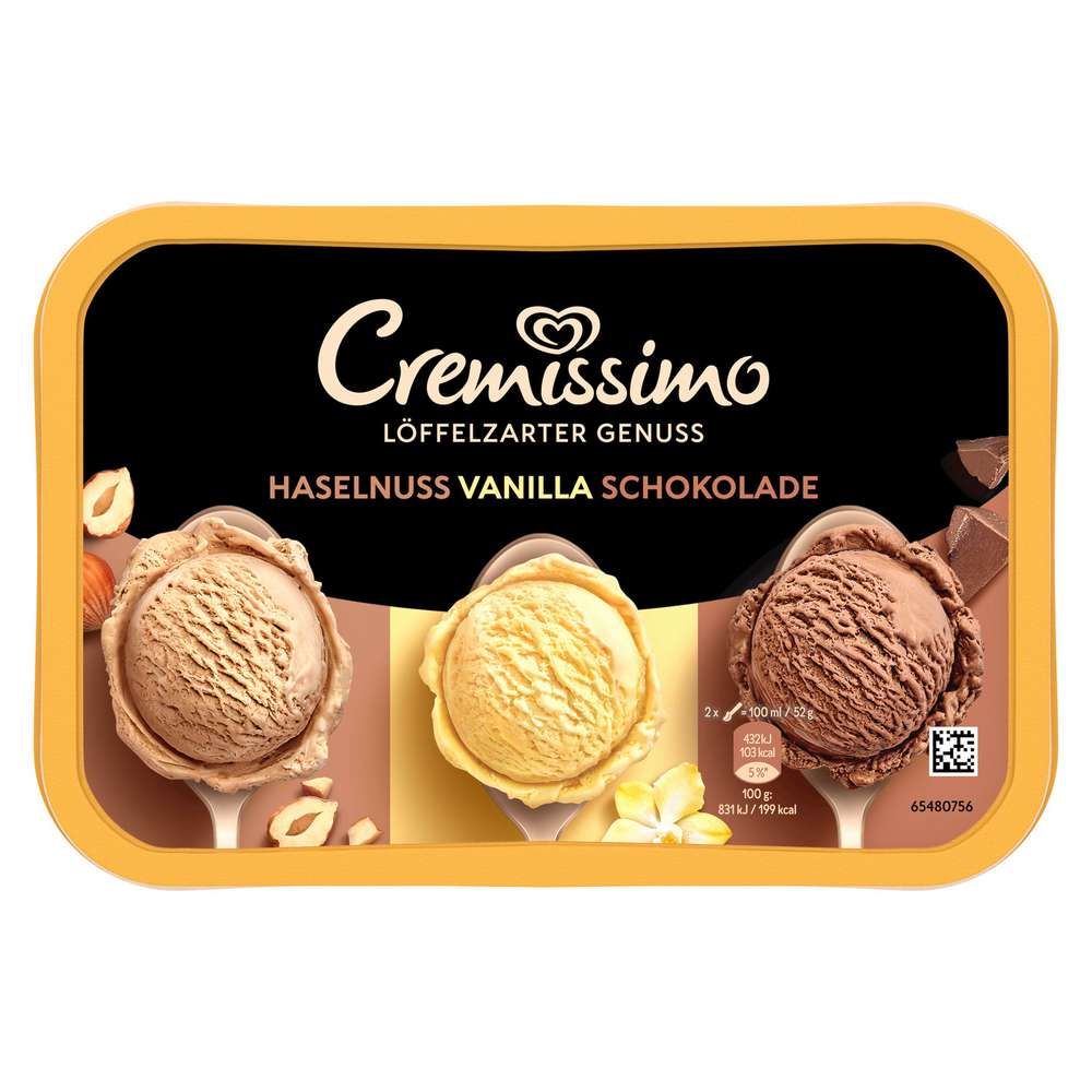 Produktabbildung Langnese Eis Cremissimo, Haselnuss/Vanilla/Schokolade
