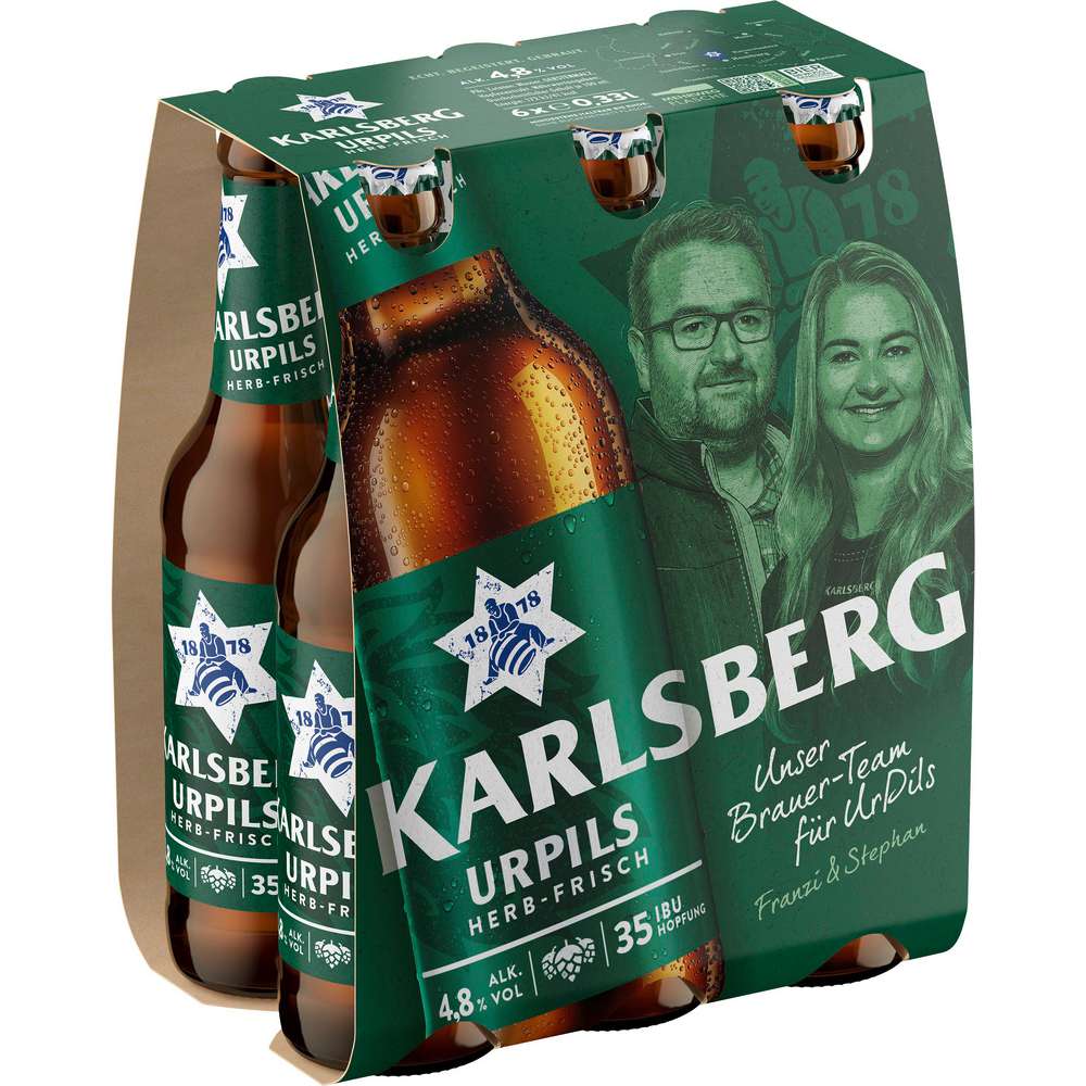 Produktabbildung Karlsberg Pilsener Bier Urpils Langhals, 4,8% (6x 0,330 Liter)