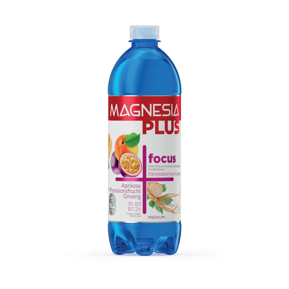 Produktabbildung Magnesia Mineralwasser Plus, Focus, Aprikose Passionsfrucht Ginseng