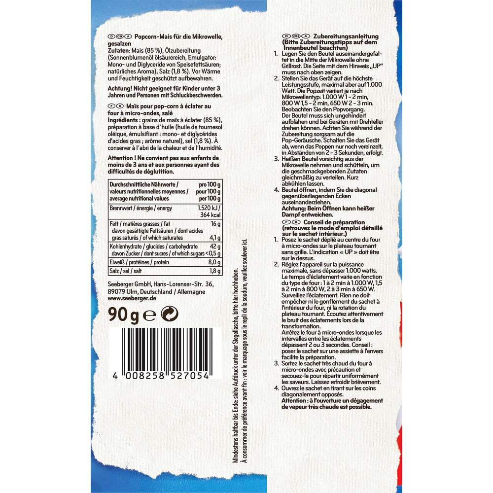 Produktabbildung Seeberger Mikrowellen-Popcorn, Salzig