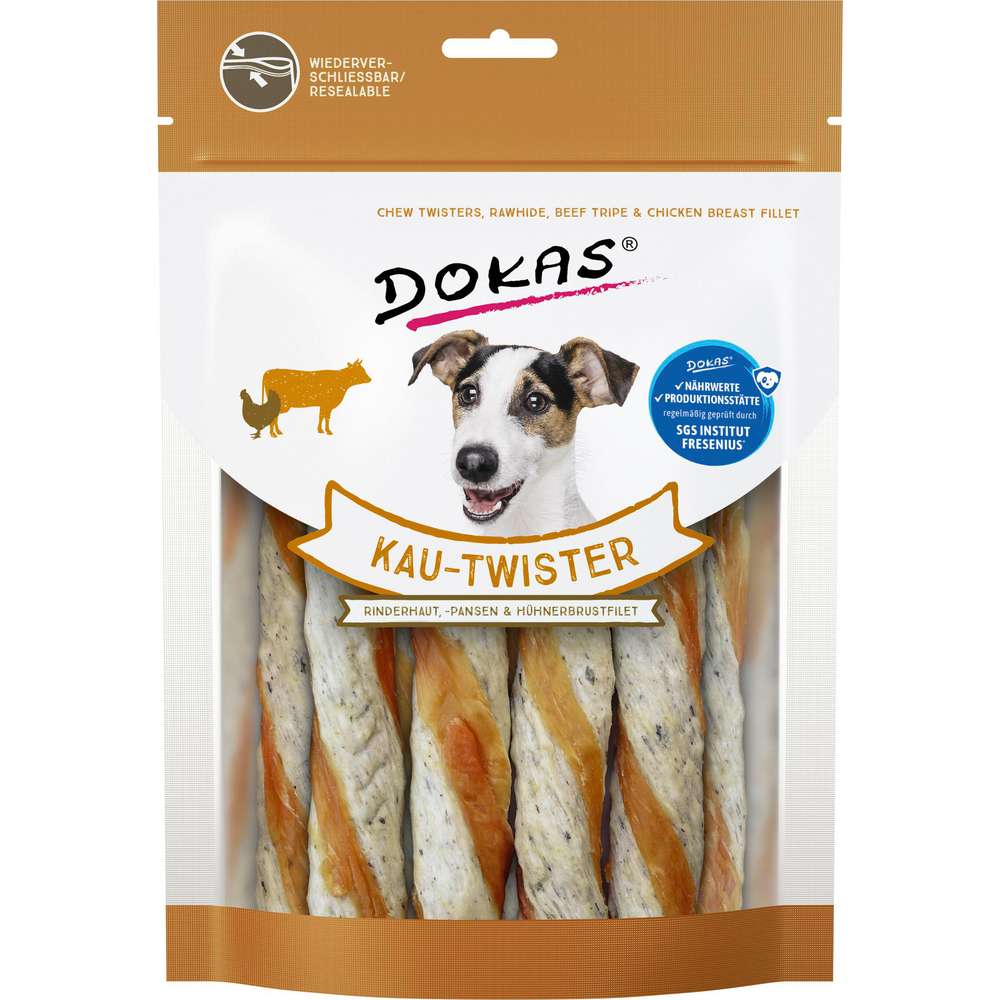 Produktabbildung Dokas Hunde-Snack, Kau-Twister, Rinderhaut, -pansen & Hühnerbrustfilet