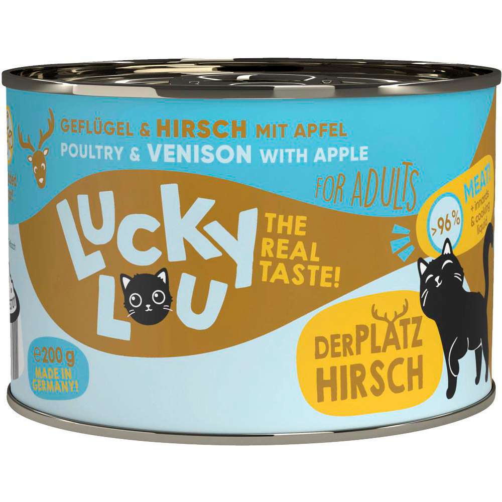 Produktabbildung Lucky Lou Katzen-Nassfutter, Geflügel & Hirsch mit Apfel