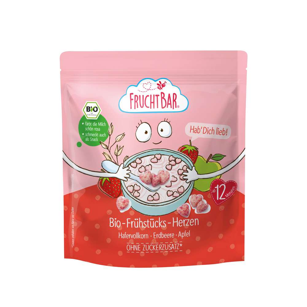 Produktabbildung Fruchtbar Bio Frühstücksherzen Hab' Dich lieb, mit Hafervollkorn-Erdbeere-Traube-Apfel