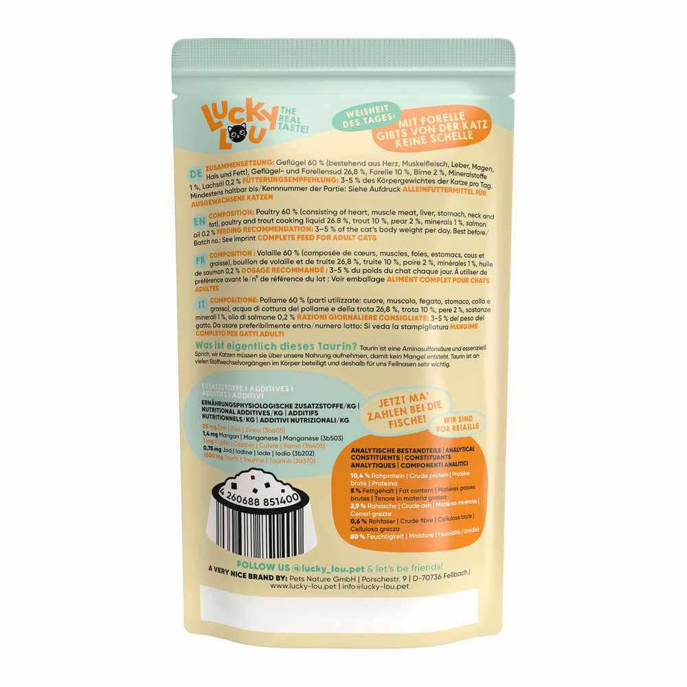 Produktabbildung Lucky Lou Katzen-Nassfutter, Geflügel & Forelle mit Birne