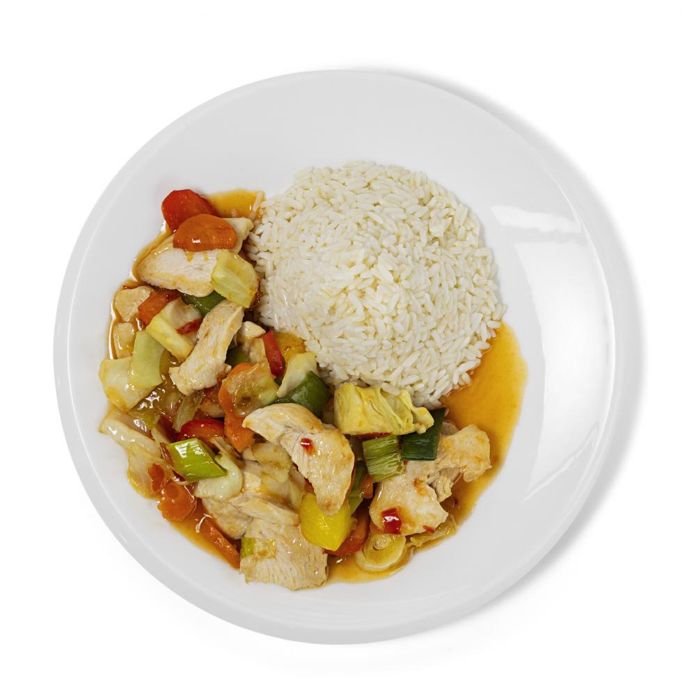 Produktabbildung GLOBUS Wochengericht Wochengericht: Koreanisches Hähnchengeschnetzeltes mit Wokgemüse, dazu Basmati Reis
