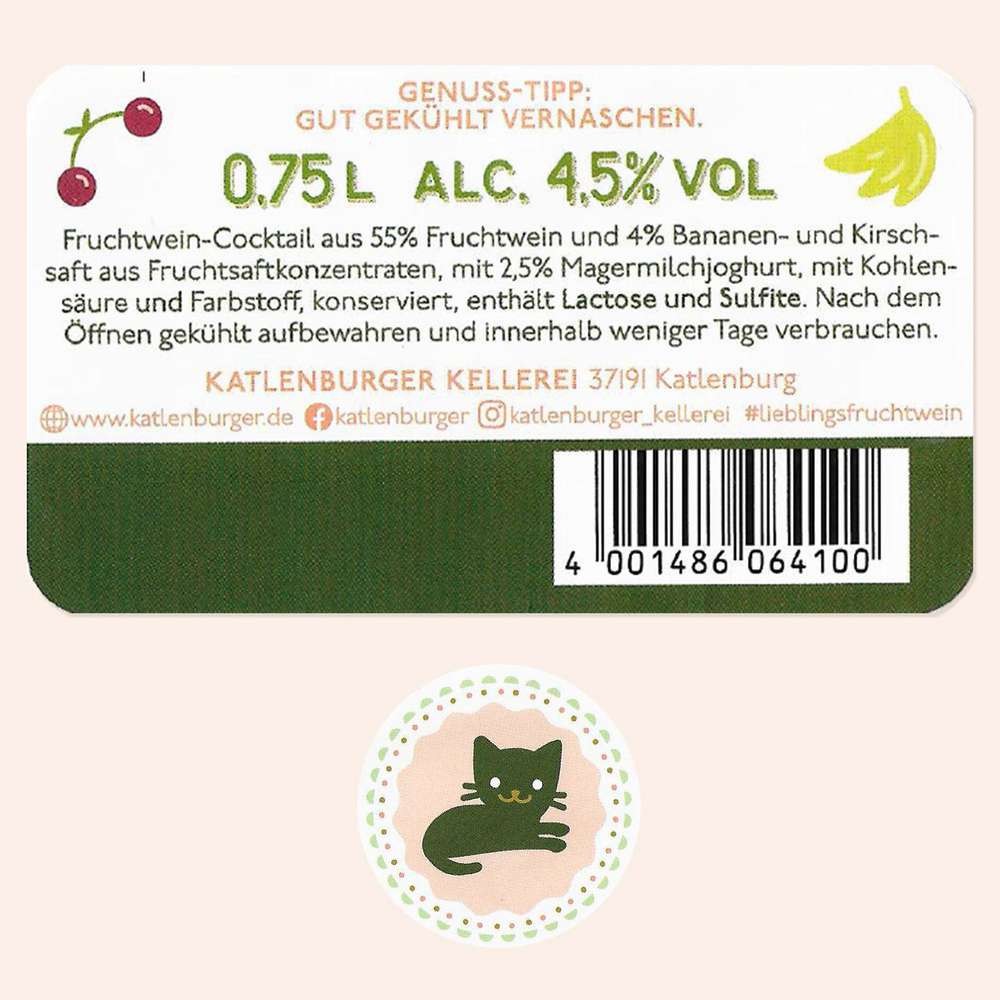 Produktabbildung Katlenburger Fruchtwein-Cocktail Naschkätzchen Kirsch-Banane 4,5%