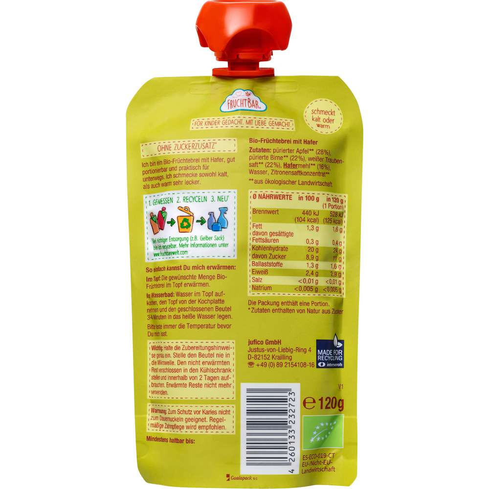 Produktabbildung Fruchtbar Quetschie Fruchtpüree, Hafer/Apfel/Birne/Traube