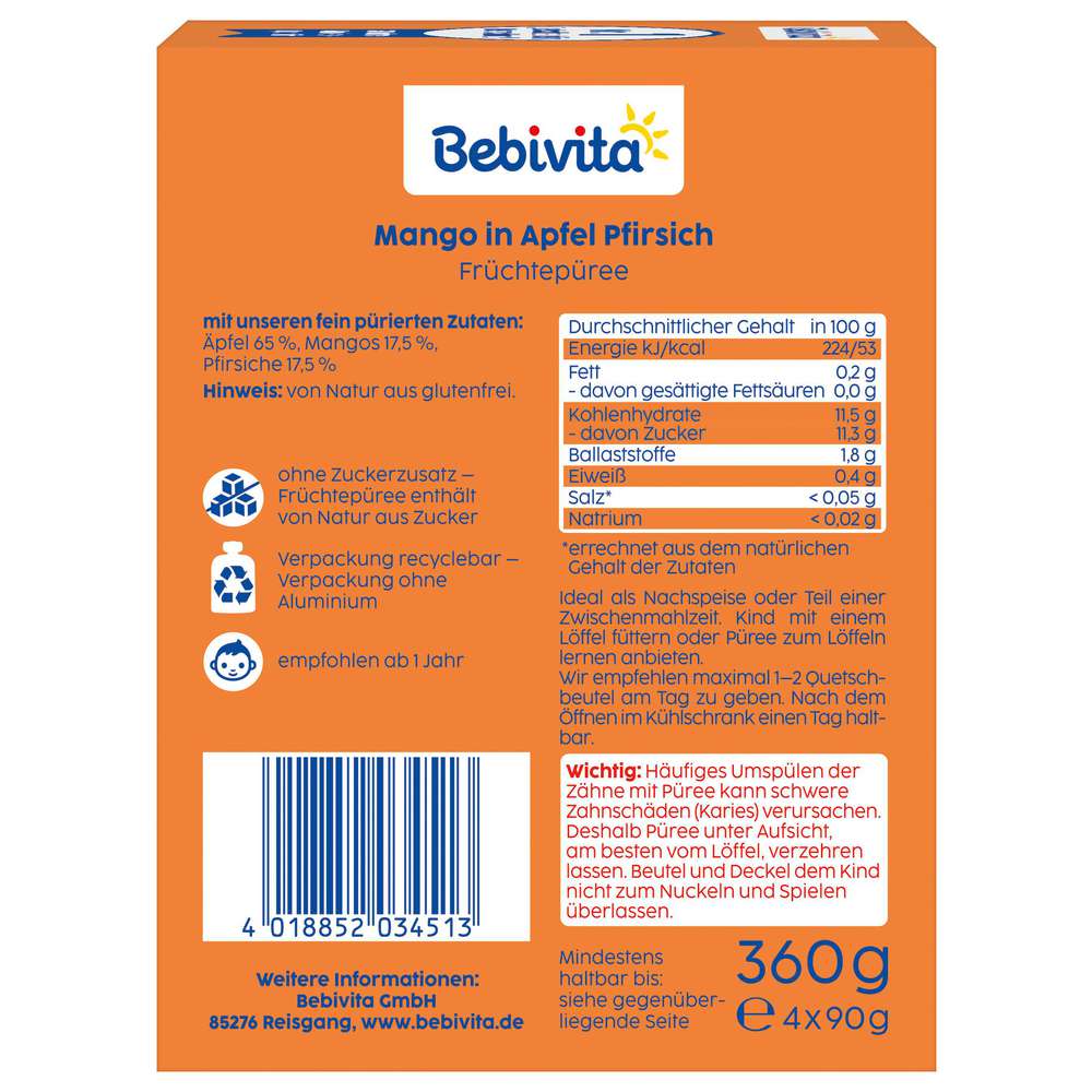 Produktabbildung Bebivita Quetschie Mango in Apfel Pfirsich
