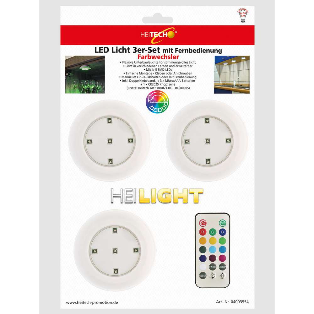Produktabbildung Heitech LED-Licht 3er Set mit Fernbedienung, Farbwechsler