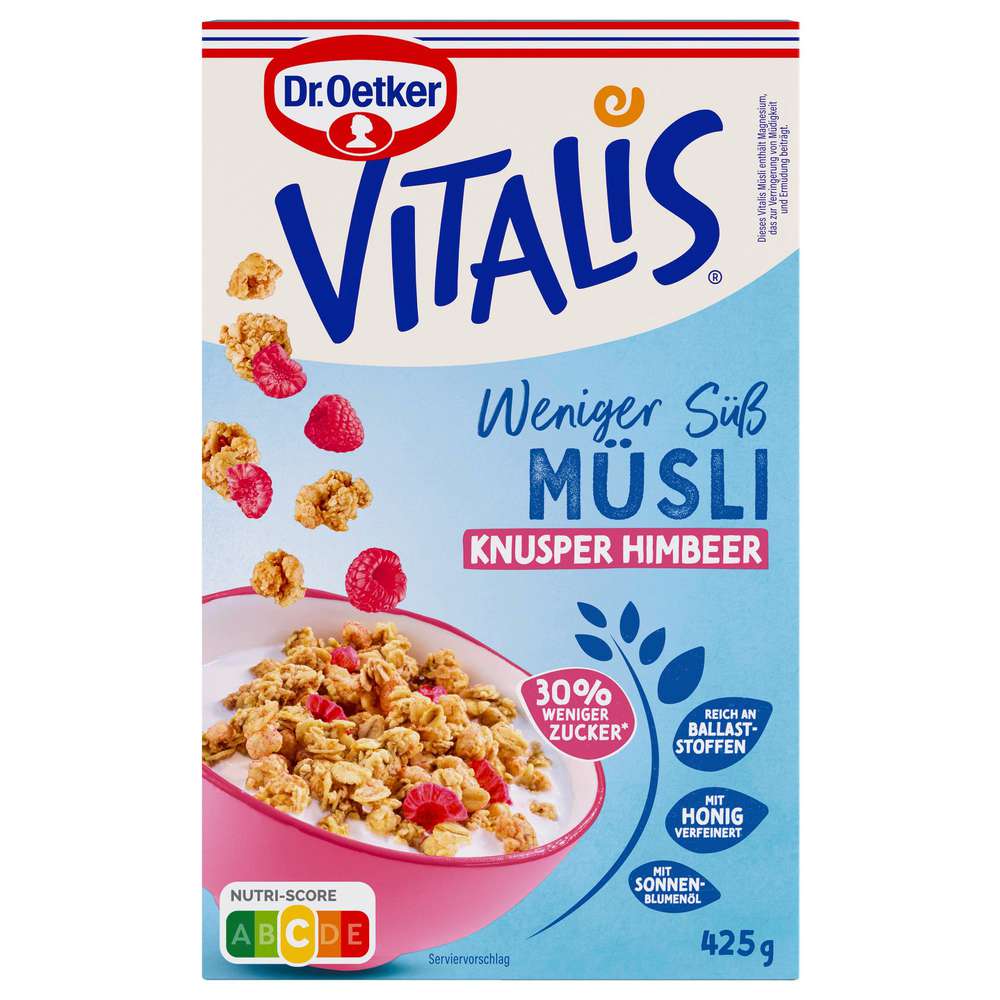 Produktabbildung Dr. Oetker Knusper Himbeere-Müsli Vitalis, weniger süß, ohne Rosinen