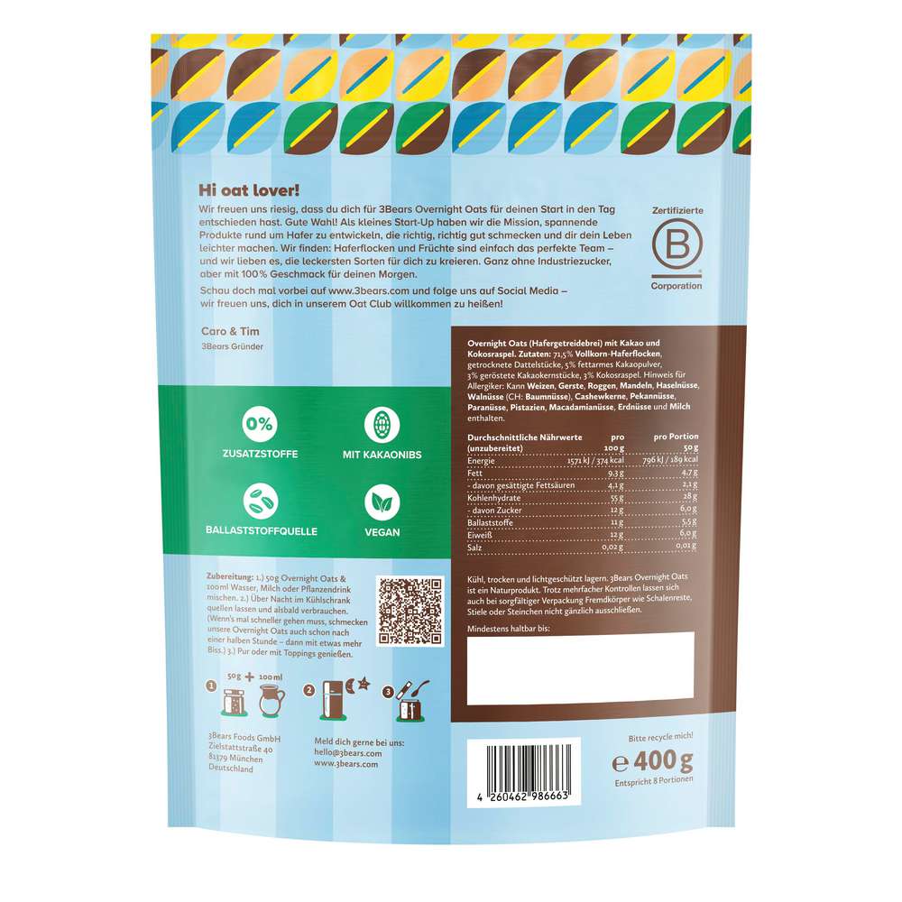 Produktabbildung 3Bears Overnight Oats Koko Kakao