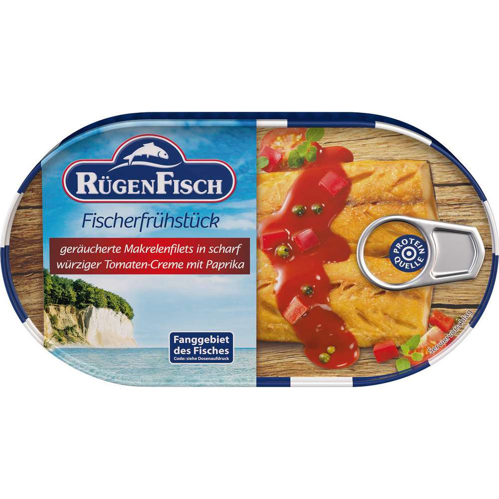 Produktabbildung Rügenfisch Fischerfrühstück, geräucherte Makrelenfilets in scharf würziger Tomaten-Creme