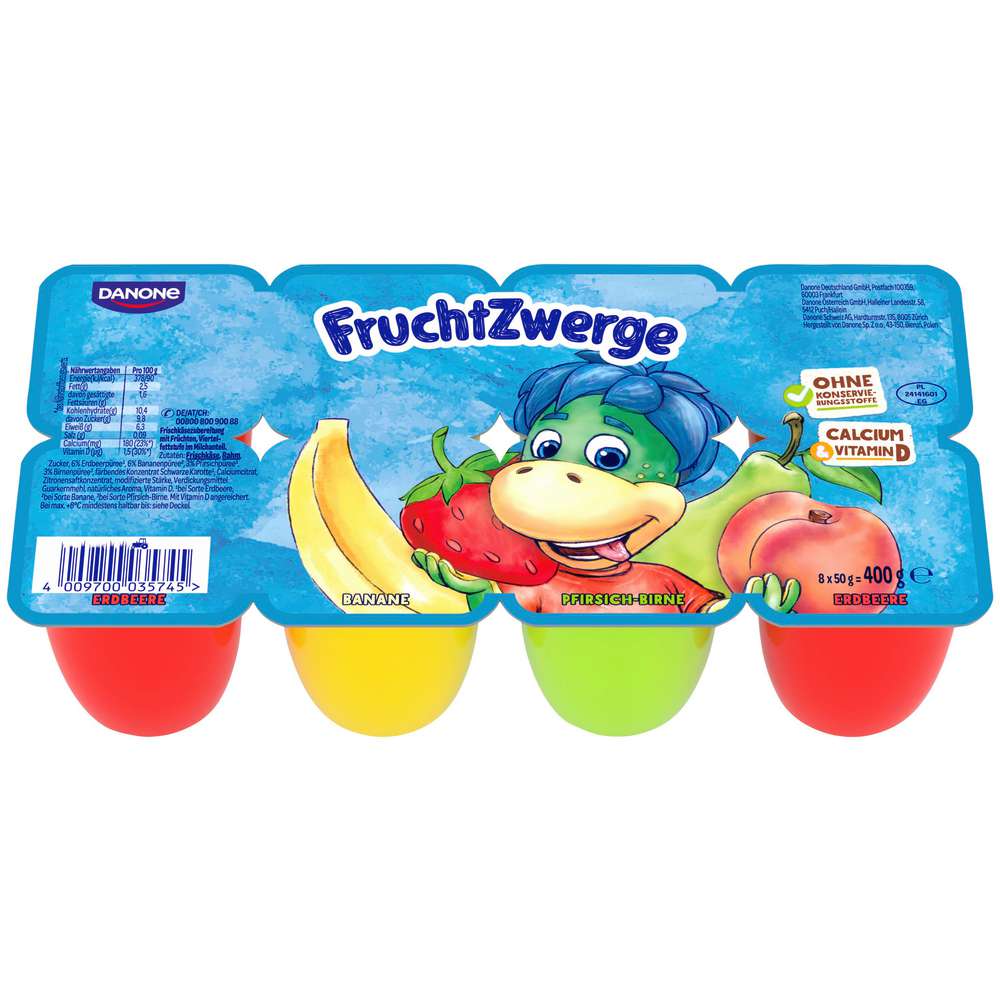 Produktabbildung Fruchtzwerge Fruchtquark, Erdbeere/Banane/Pfirsich-Birne 8 x 50g