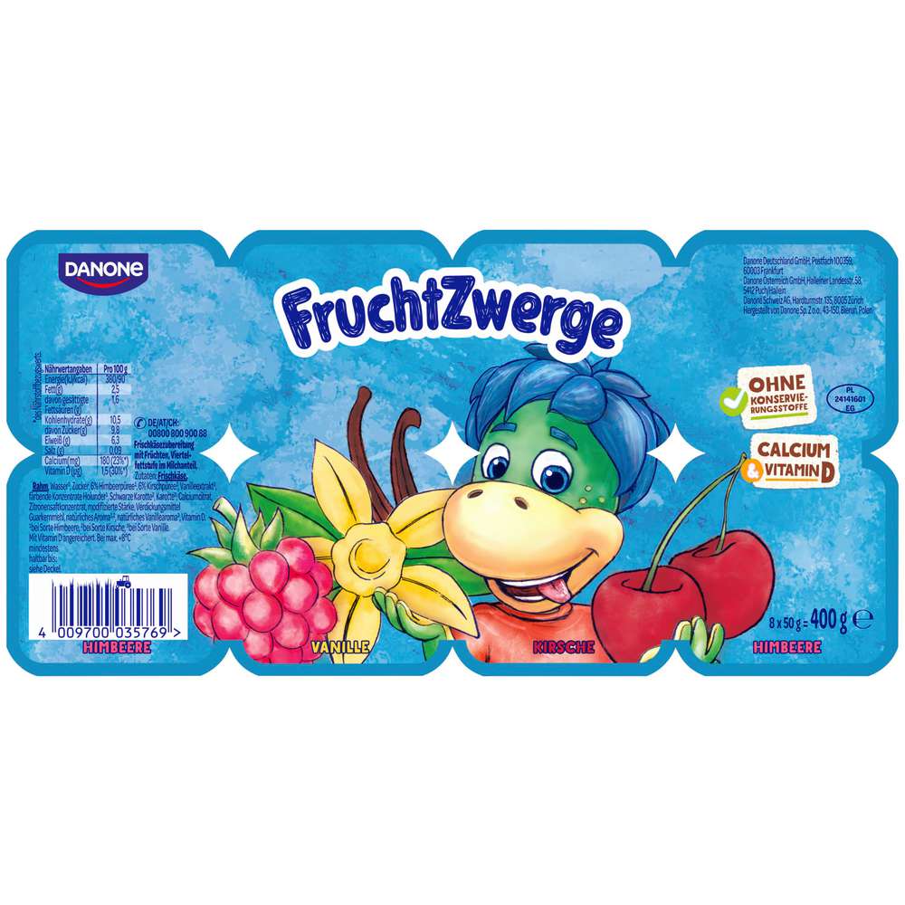 Produktabbildung Fruchtzwerge Fruchtquark, Himbeere/Kirsche/Vanille 8 x 50g