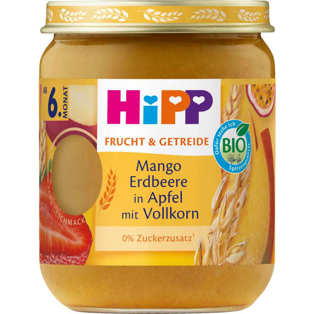 Produktabbildung Hipp Babynahrung Früchtebrei, Mango-Erdbeere in Apfel mit Vollkorn