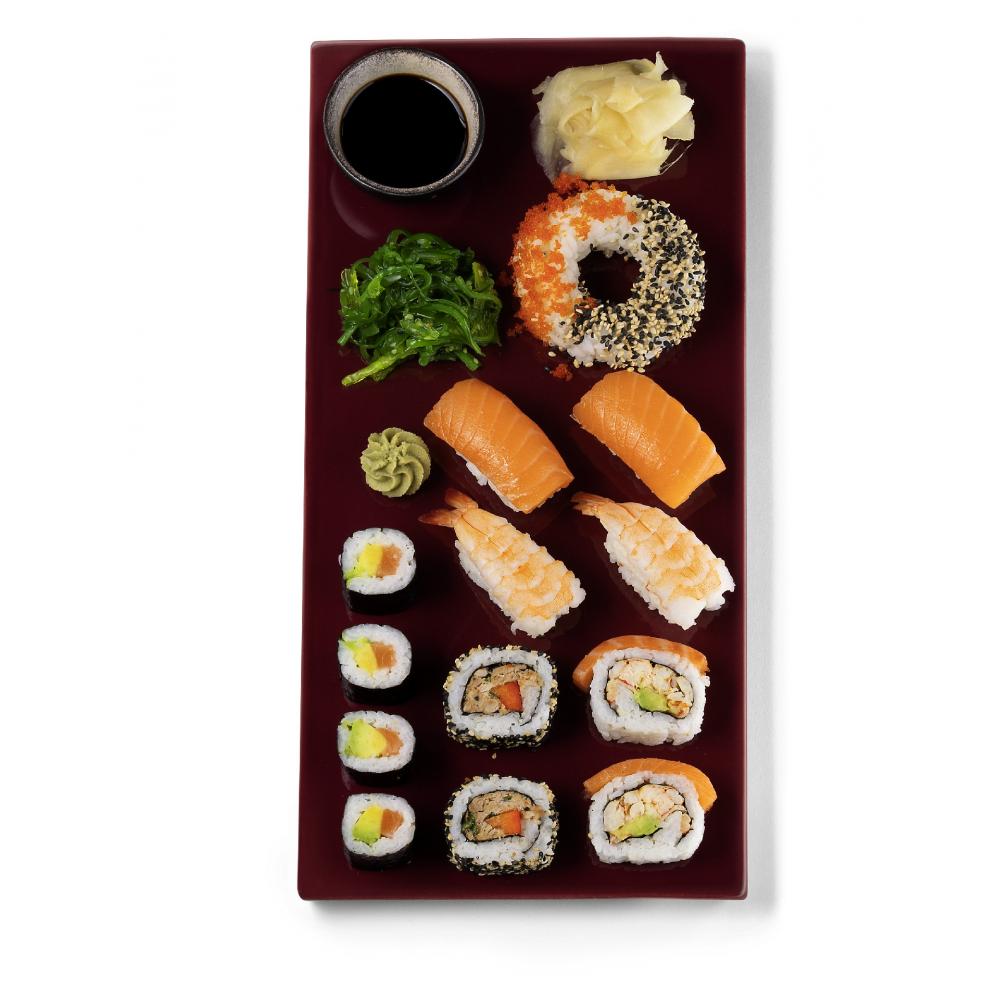 Produktabbildung keine Marke Globus Valentins-Box Inside Out mit Lachs und Flusskrebsen und mit Thunfisch und Sesam, Maki mit Lachs und Avocado, Nigiri mit Lachs und mit Garnele, SushiDonut mit Masago und Sesam, grüner Algensalat, Sojasauce,, 484 g