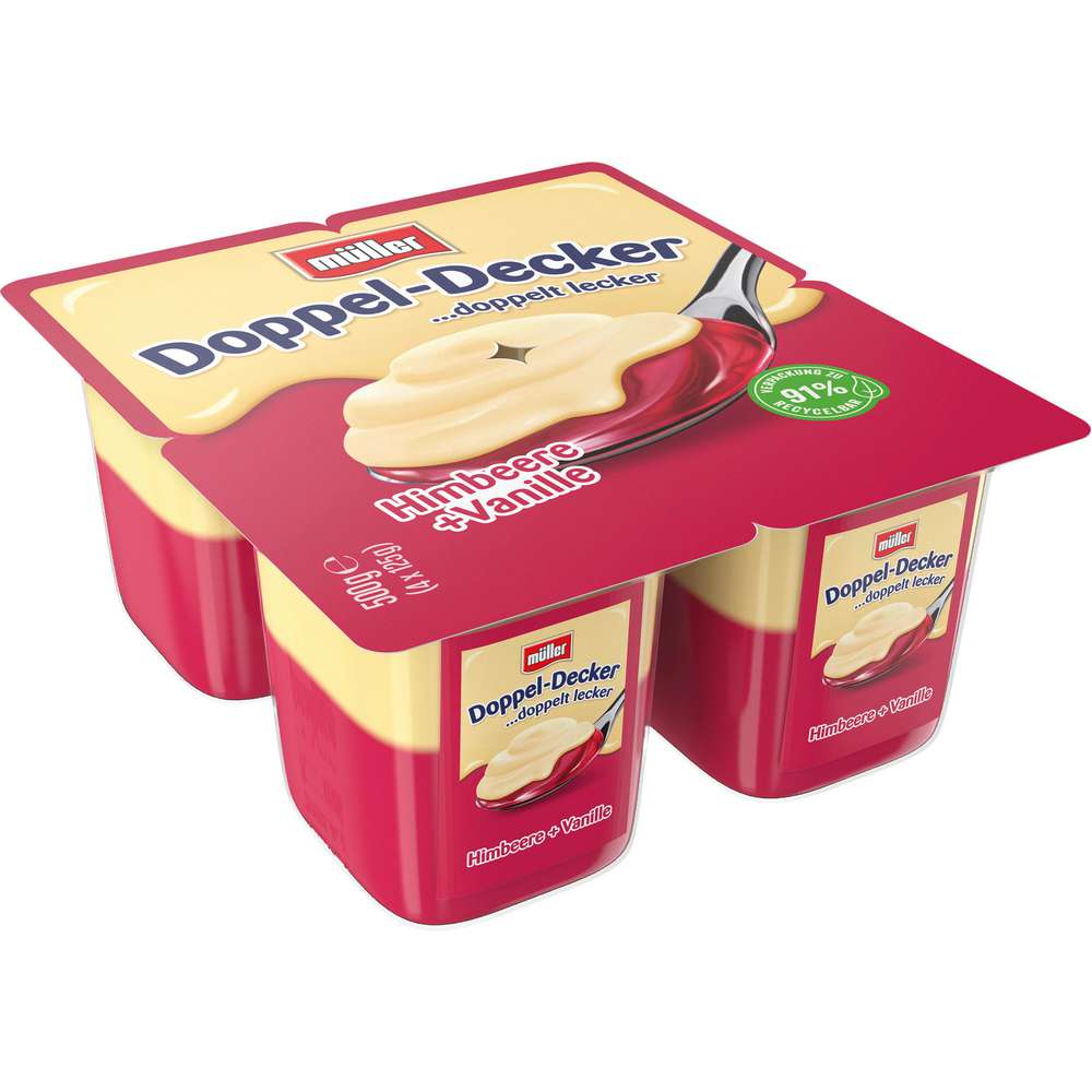 Produktabbildung Müller Pudding Doppeldecker, Himbeere-Vanille 4 x 125g