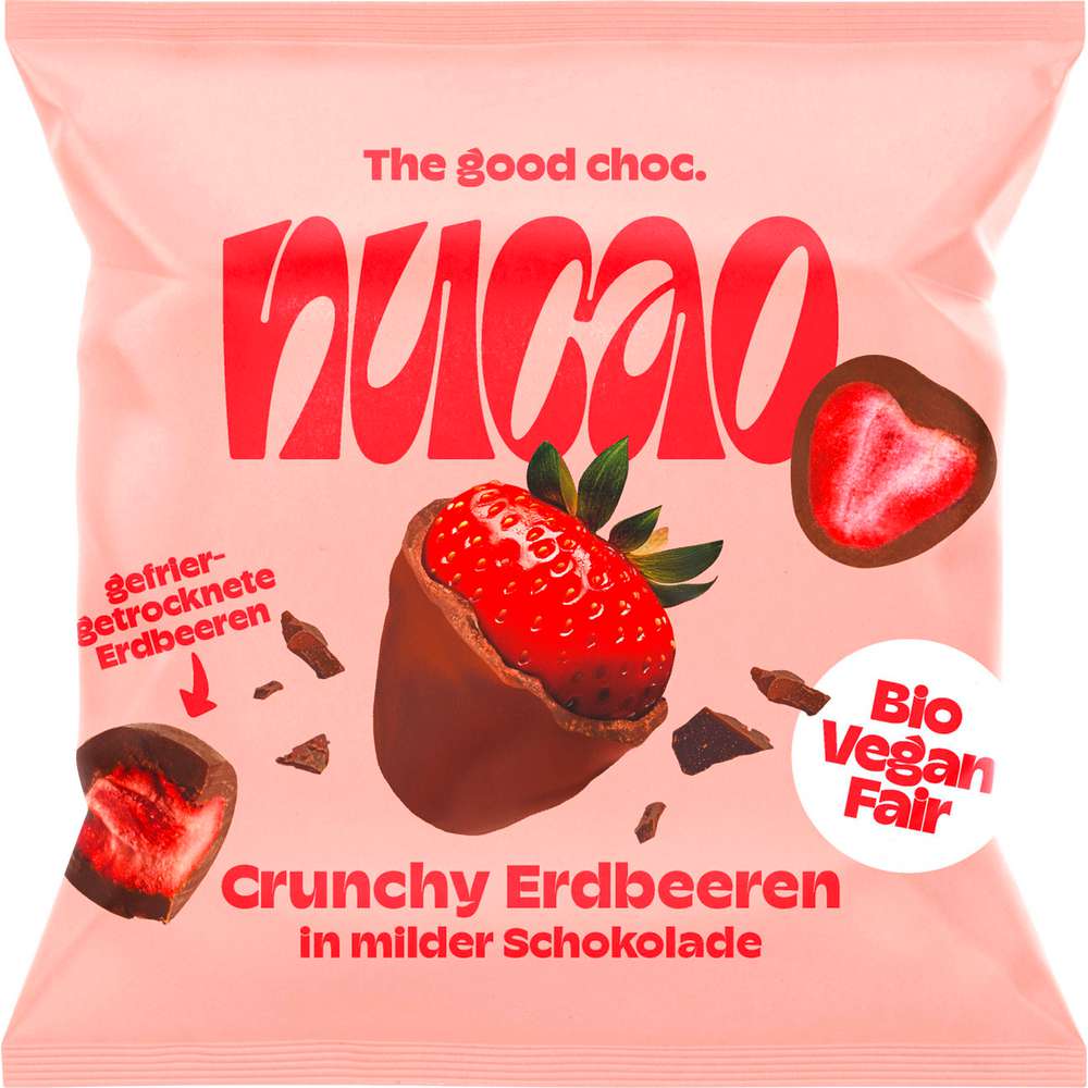 Produktabbildung nucao Crunchy Erdbeeren in milder Schokolade, gefriergetrocknet