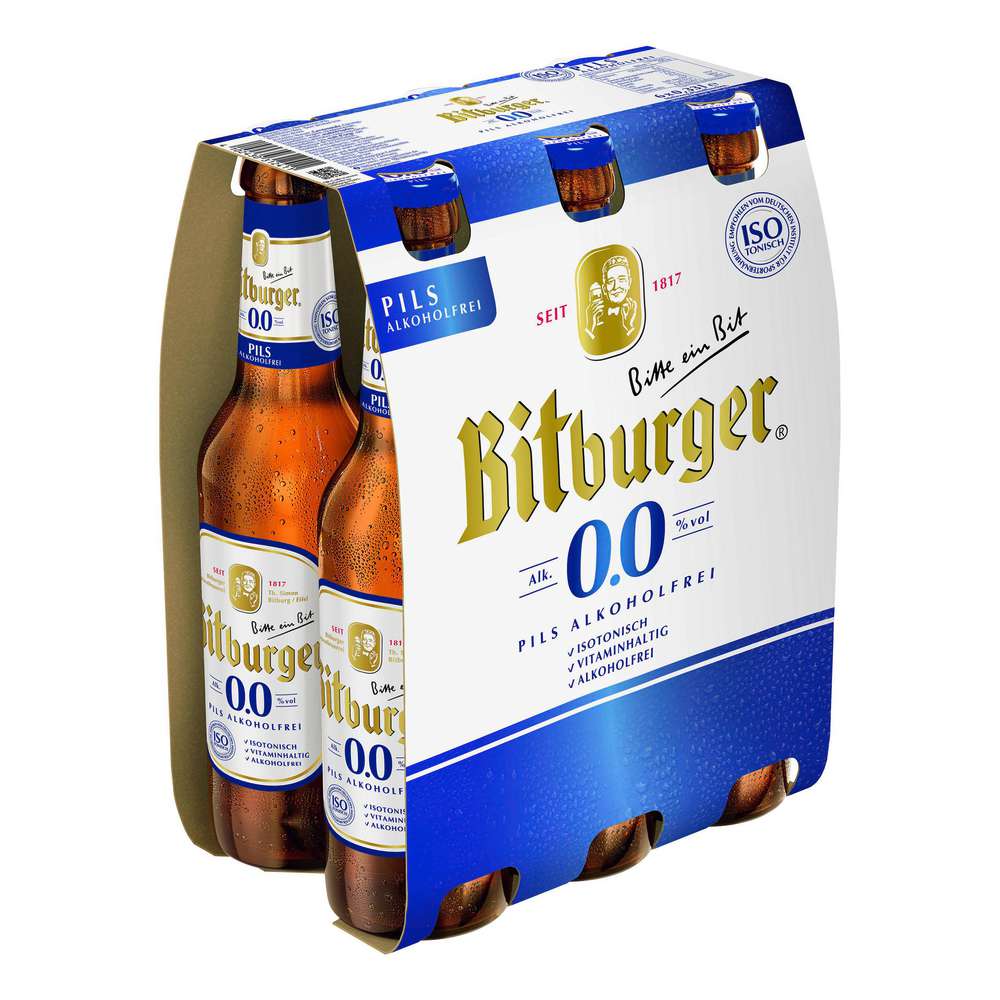 Produktabbildung Bitburger Pilsener Bier 0,0%, alkoholfrei (6x 0,330 Liter)