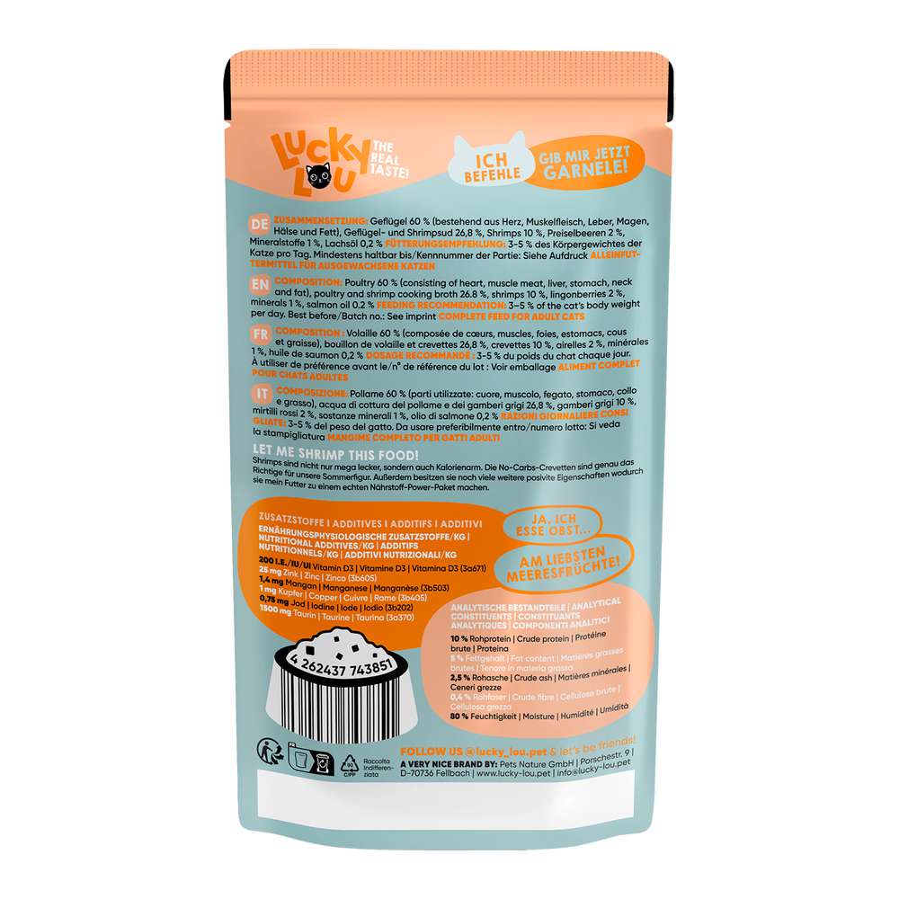 Produktabbildung Lucky Lou Katzen-Nassfutter, Geflügel & Shrimps