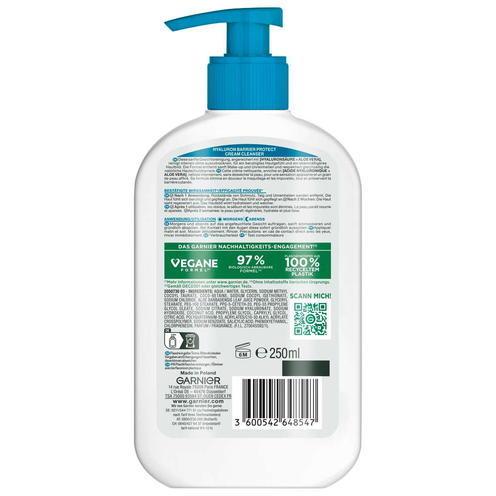 Produktabbildung Garnier Barrier Protect Cream Cleanser Skin Aktive Hyaluron