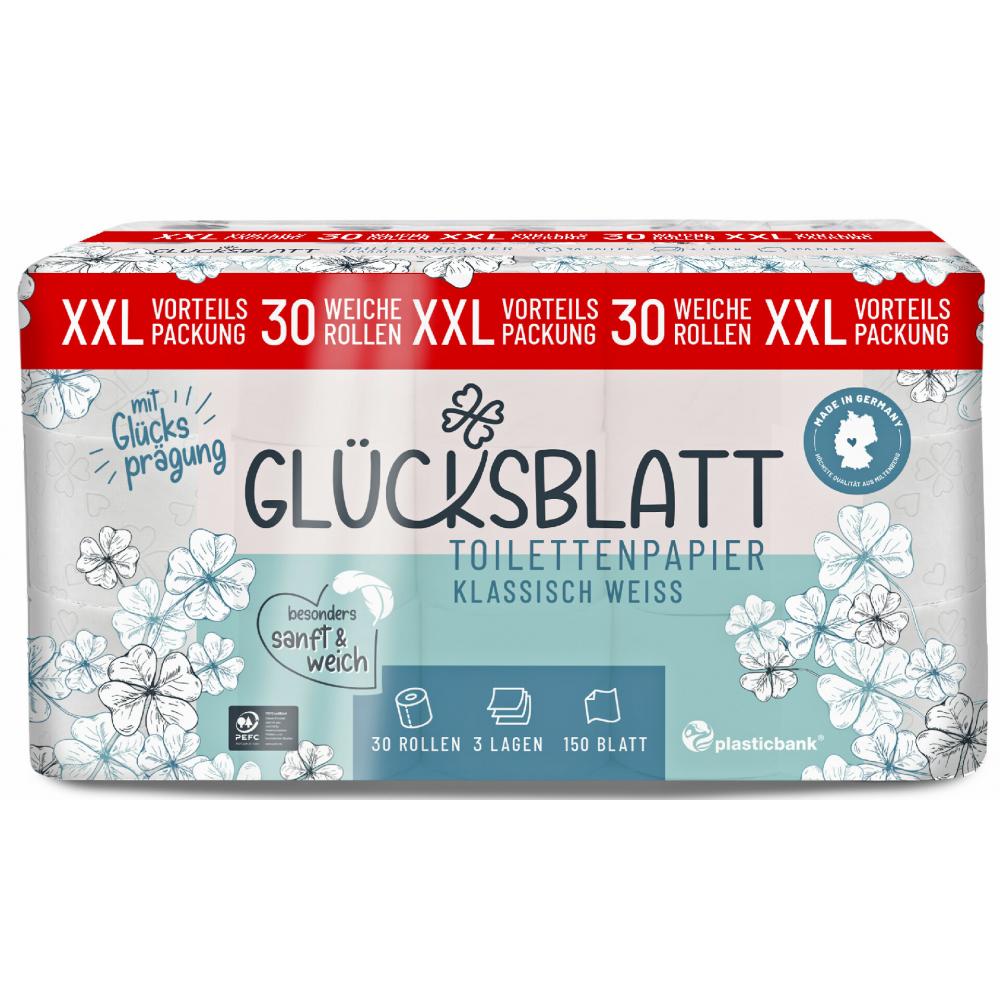 Produktabbildung keine Marke Glücksblatt Küchenrolle oder Toilettenpapier, je 12 x 64/30 x 150 Blatt