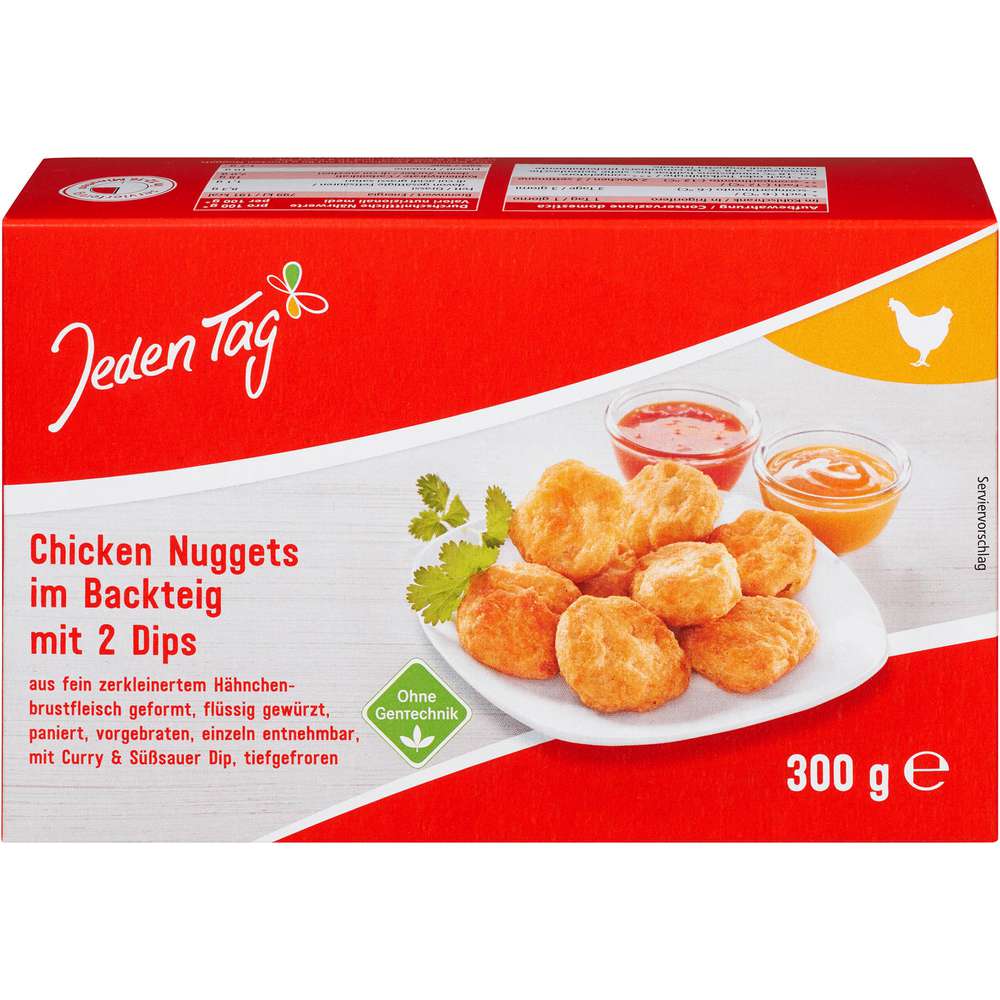 Produktabbildung Jeden Tag Chicken Nuggets im Backteig mit 2 Dips, tiefgekühlt