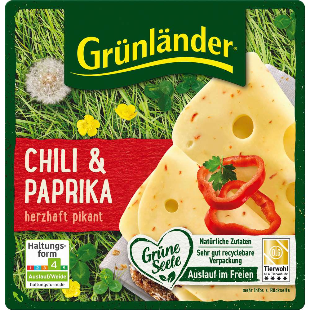 Produktabbildung Grünländer Käsescheiben, Chili/Paprika