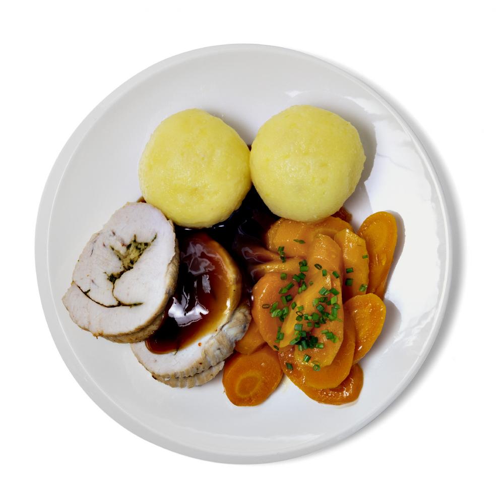 Produktabbildung GLOBUS Tagesgericht Donnerstag: Putenrollbraten mit Bratensauce, dazu Butterkarottengemüse und Kartoffelklöße