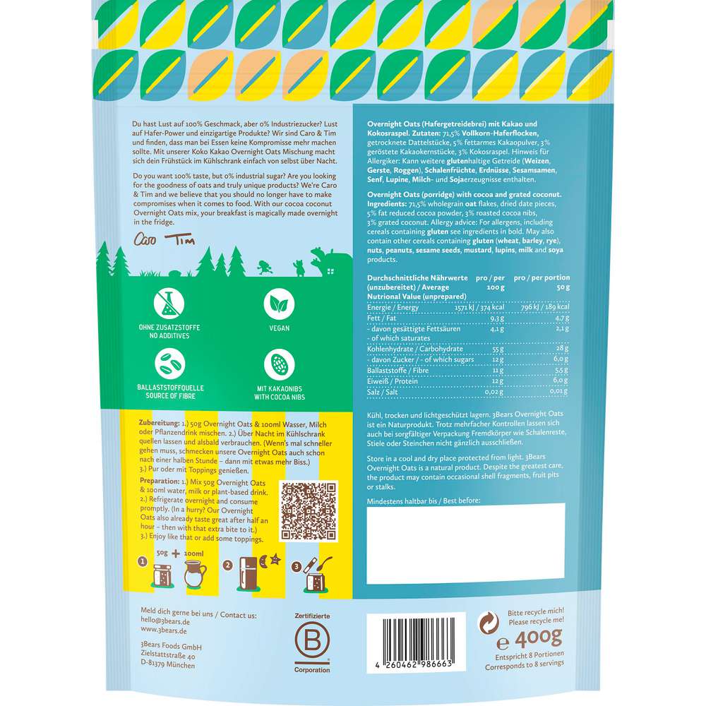 Produktabbildung 3Bears Overnight Oats Koko Kakao