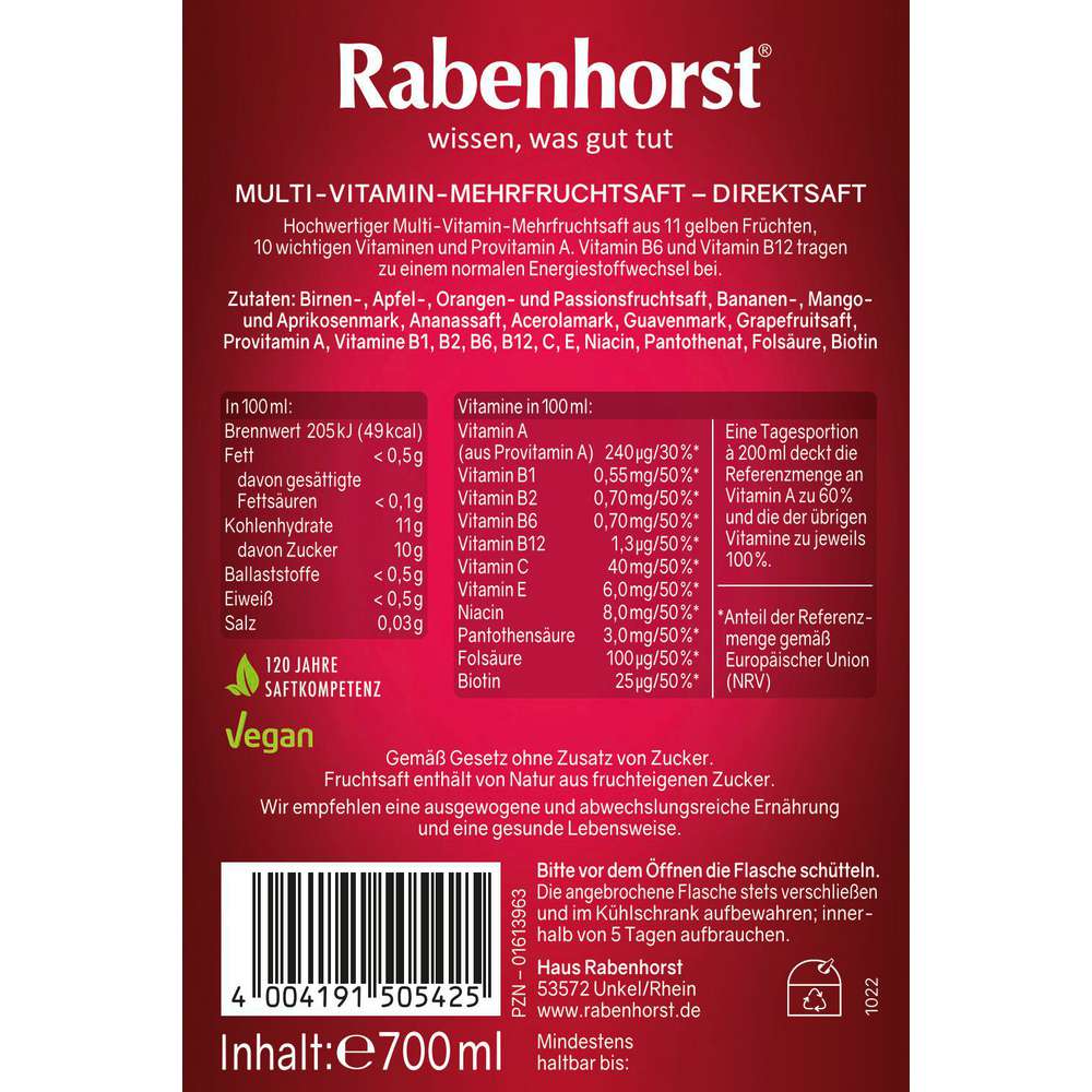 Produktabbildung Rabenhorst 11 Plus 11 Multivitamin-Mehrfruchtsaft, gelb