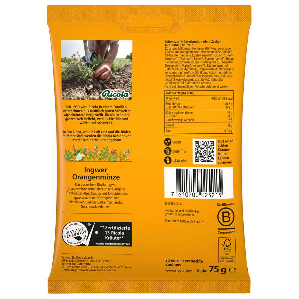 Produktabbildung Ricola Bonbons Ingwer-Orangenminze ohne Zucker