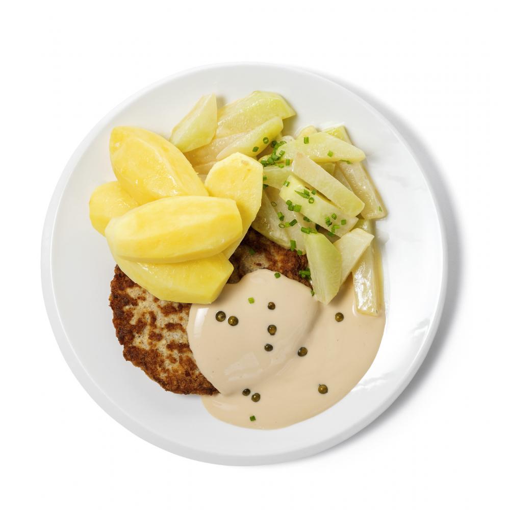 Produktabbildung keine Marke Montag: Geflügelfrikadelle mit Pfefferrahmsauce, Kohlrabigemüse und Salzkartoffeln