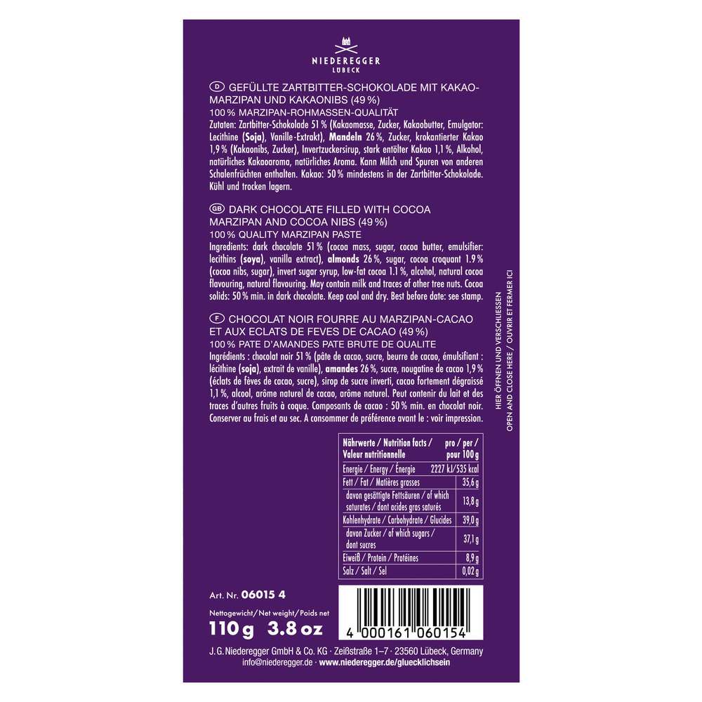 Produktabbildung Niederegger Tafelschokolade, Glücklichsein, Schokomarzipan/Kakaonips