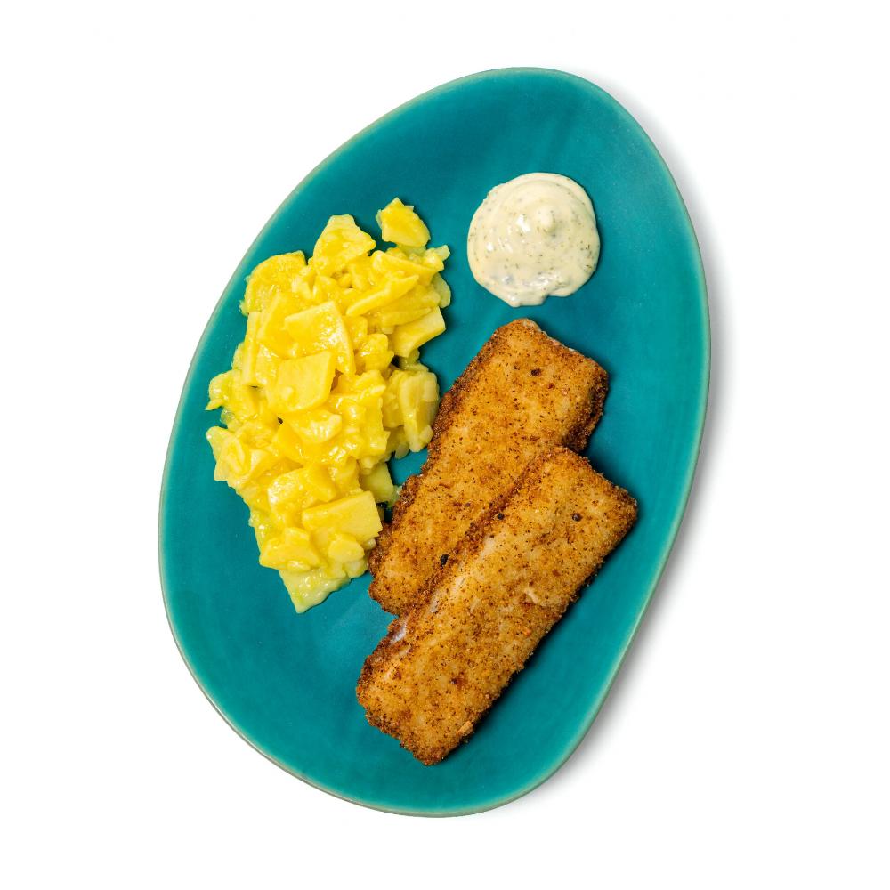 Produktabbildung  Wochengericht: Alaska Seelachs in Röstzwiebelpanade, mit Kartoffelsalat und Remoulade