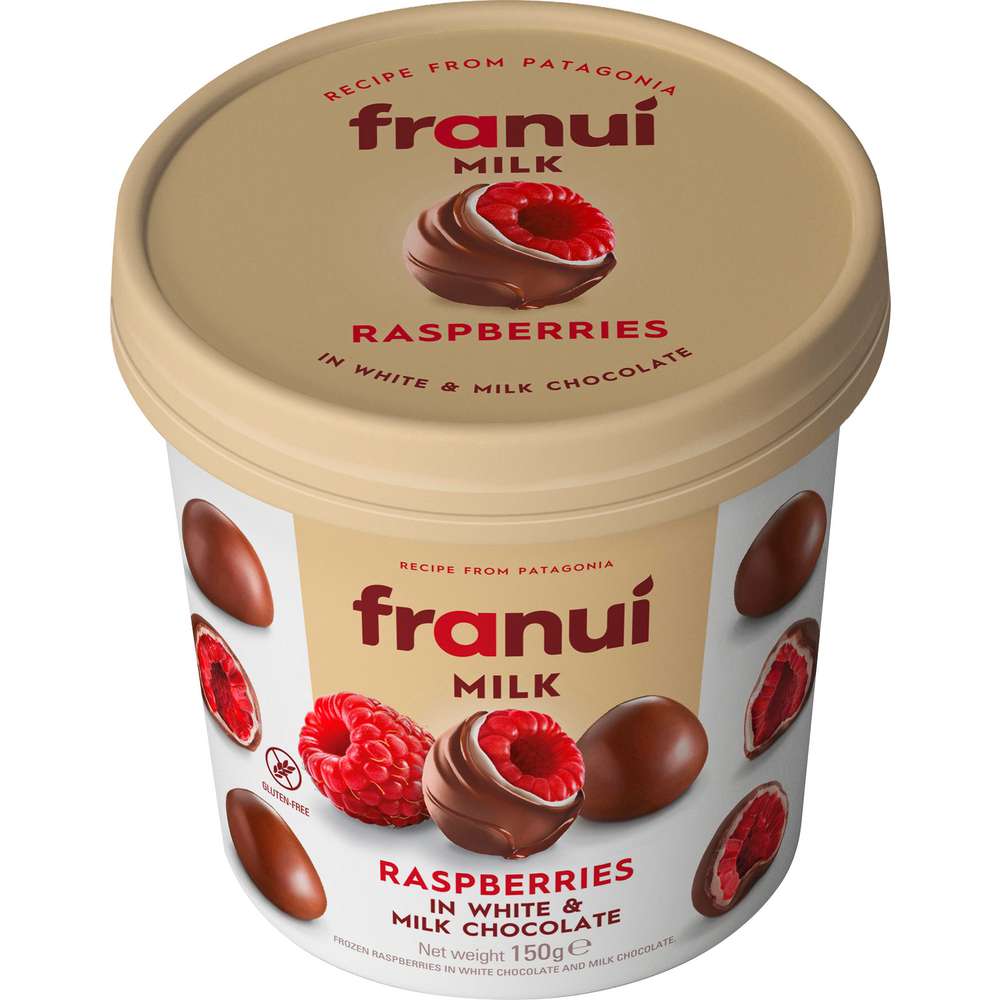 Produktabbildung franui Tiefgefrorene Himbeeren in weißer Schokolade & Milchschokolade