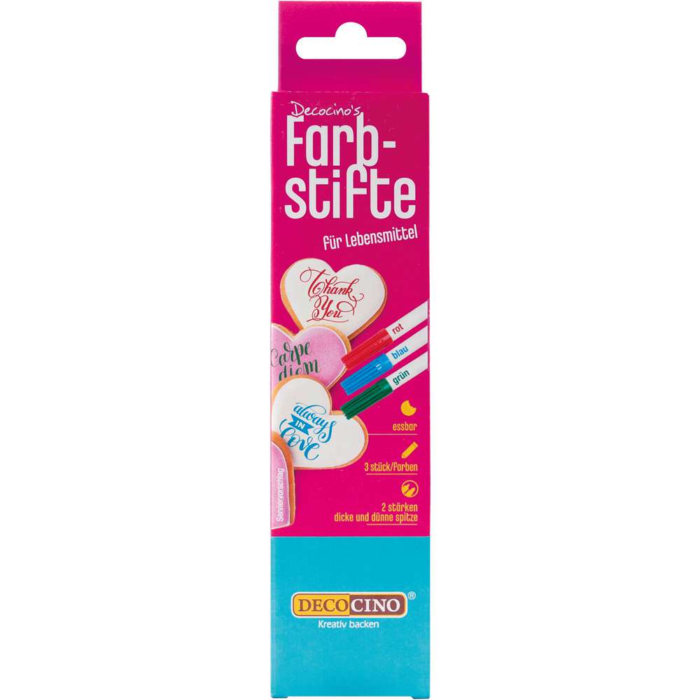 Produktabbildung Decocino Farbstifte für Lebensmittel, rot + blau + grün