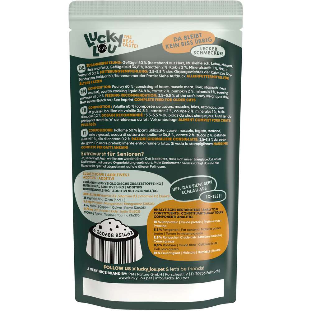 Produktabbildung Lucky Lou Katzen-Nassfutter Senior, Geflügel mit Karotte & Kürbis