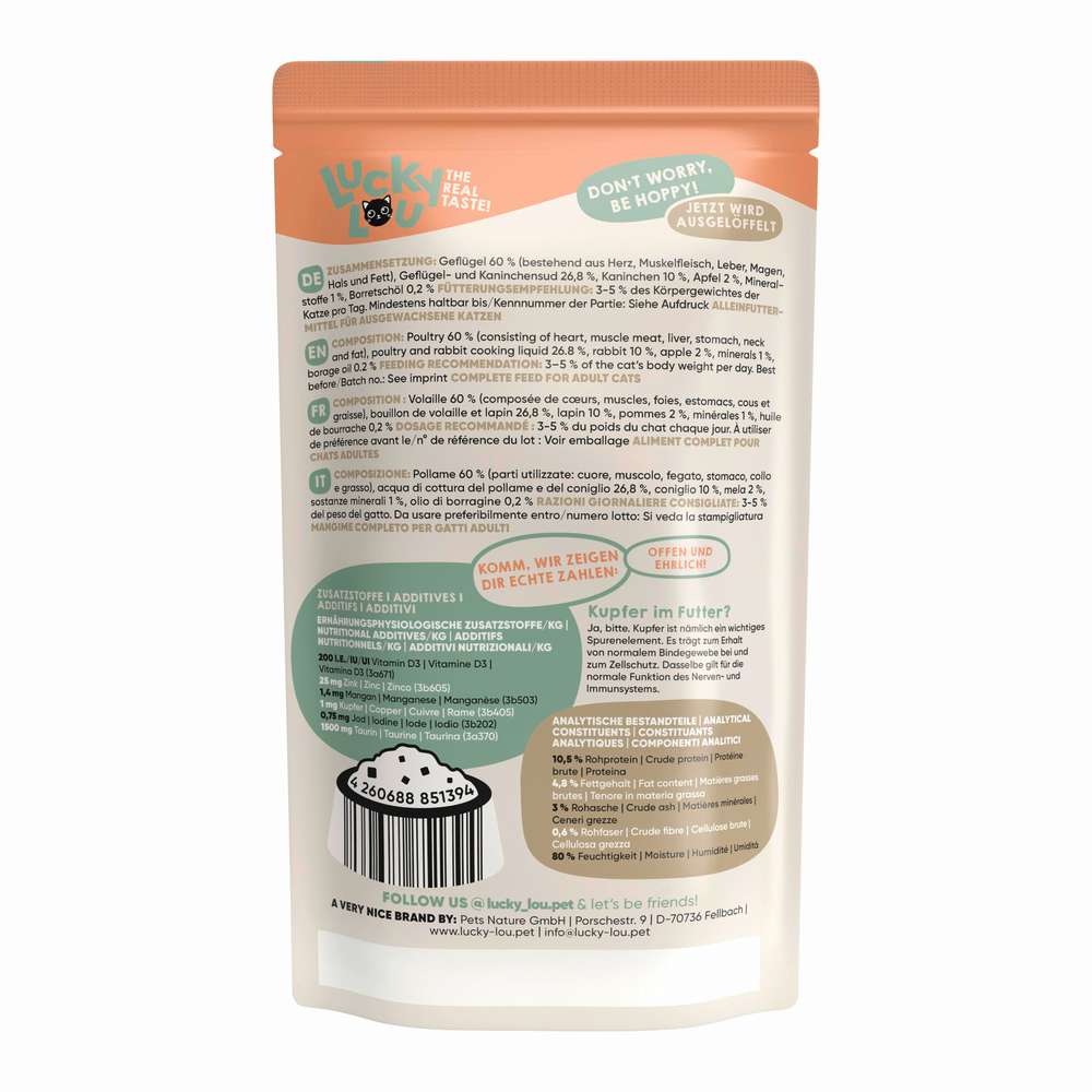 Produktabbildung Lucky Lou Katzen-Nassfutter, Geflügel & Kaninchen mit Apfel