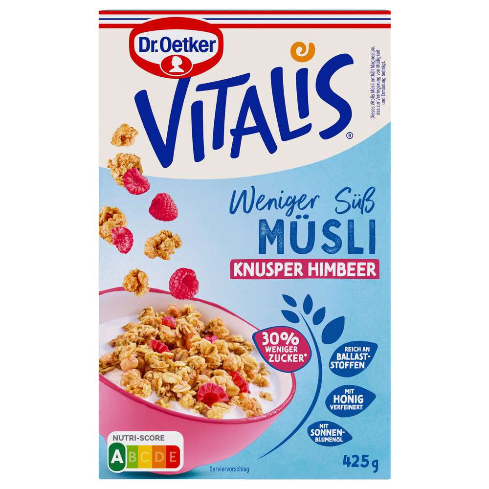 Produktabbildung Dr. Oetker Knusper Himbeere-Müsli Vitalis, weniger süß, ohne Rosinen