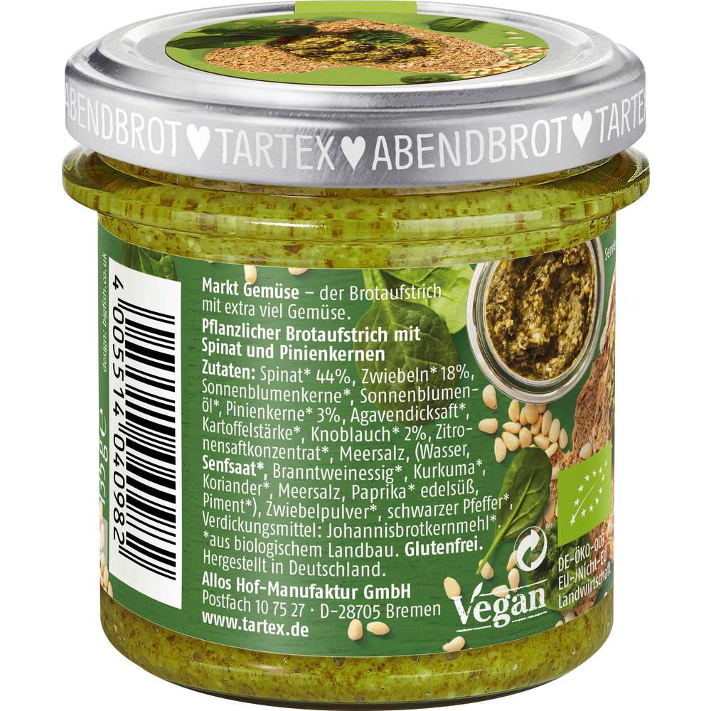 Produktabbildung Tartex Markt-Gemüse Brotaufstrich, Spinat Pinienkerne