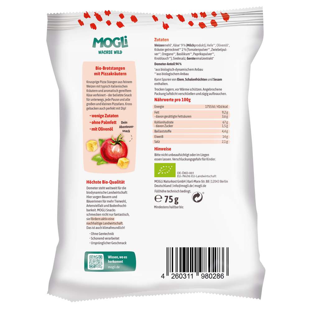 Produktabbildung MOGLi Bio Knabbergebäck, Pizzastangen mit Käse und Olivenöl